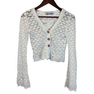 Lefties White 100% Cotton Crochet Button Up Cardigan Flared Sleeve Size XS Boho